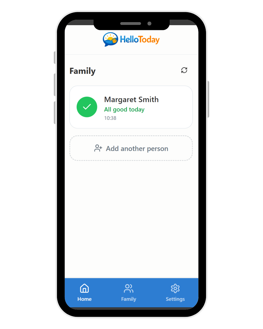 HelloToday family dashboard showing parent checked in — all good today