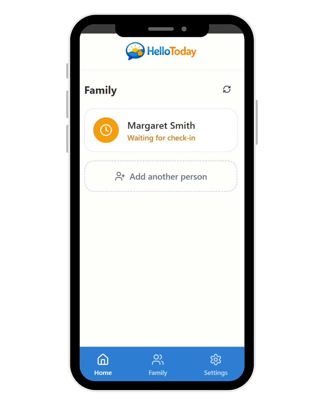 HelloToday family dashboard showing waiting for check-in — missed check-in alert