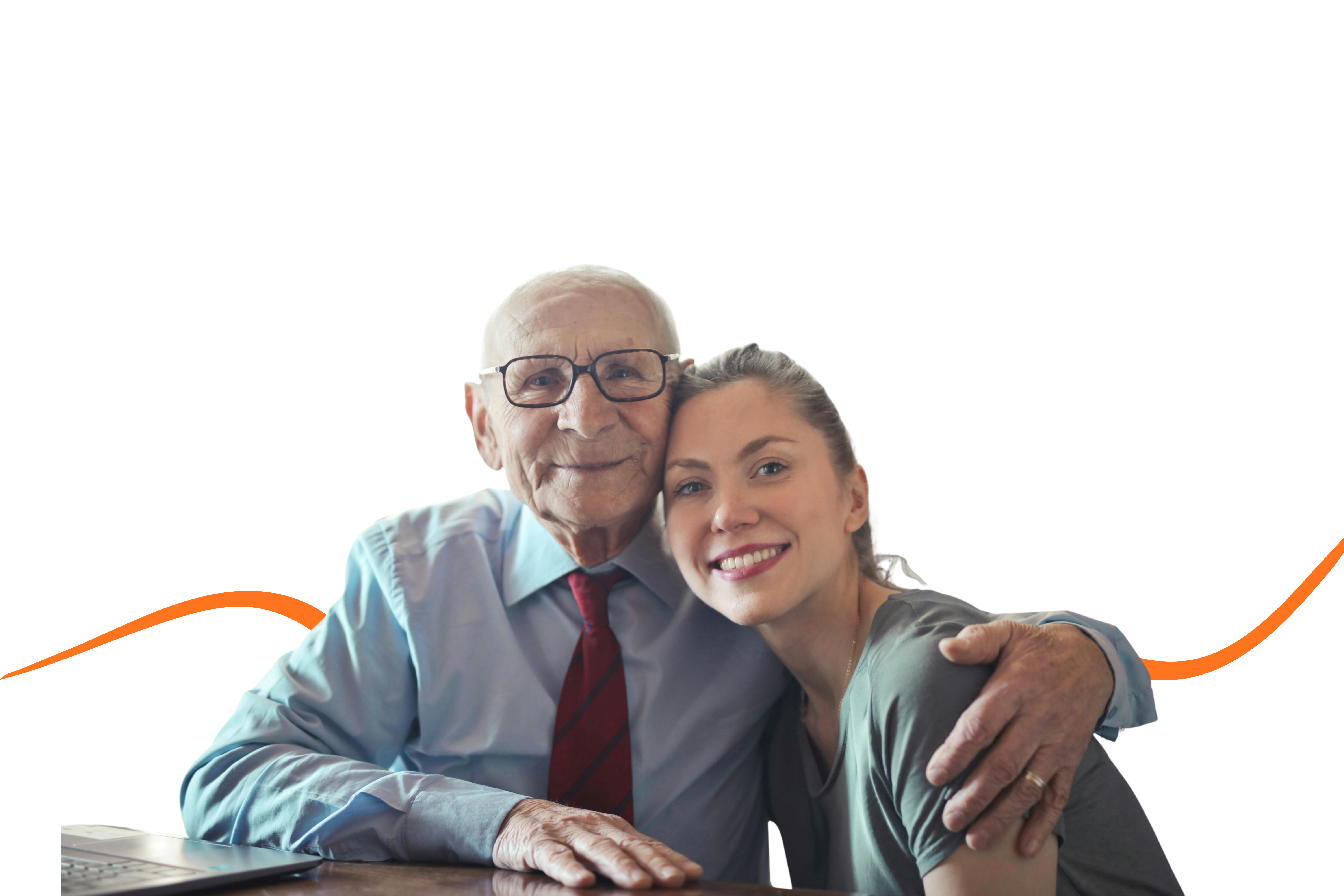 Elderly father and adult daughter smiling — HelloToday daily check-in app for families