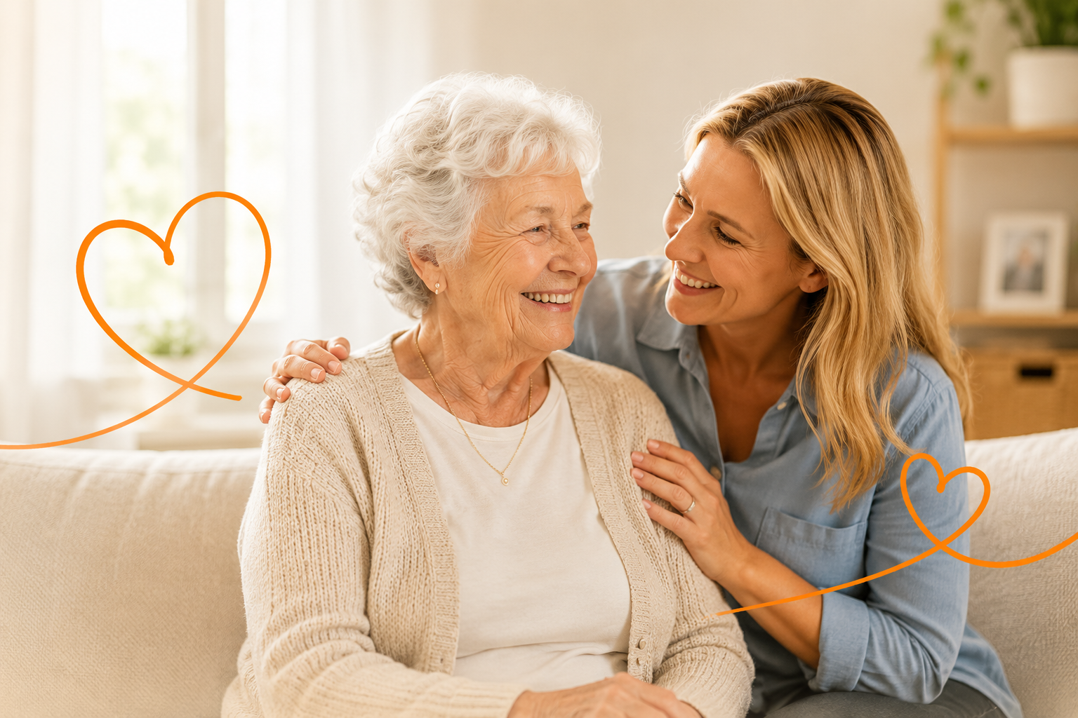An older woman and her daughter smiling together at home